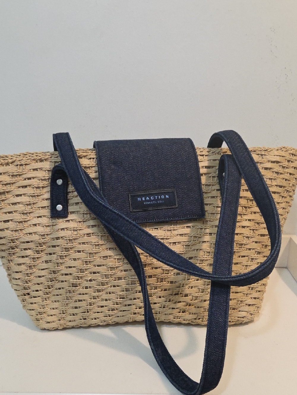 Kenneth Cole Reaction Straw Tote with Navy Denim Trim